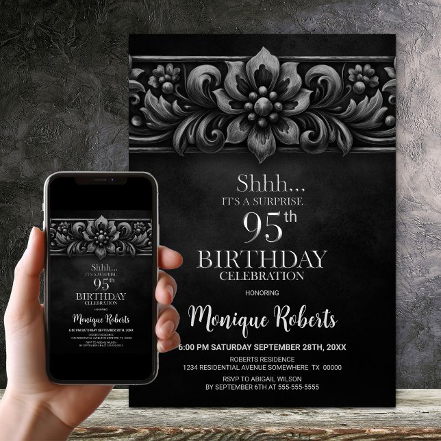 Vintage Flower Black Surprise 95th Birthday Party Inbjudningar (Skapare uppladdad)