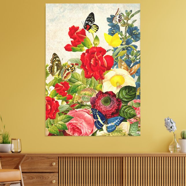 Vintage Flower Bouquet Butterflies Wrapped Canvas (Insitu (Vardagsrum))
