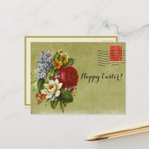 Vintage Flower Bouquet Grönt Mail med Red Frimärke Helg Vykort