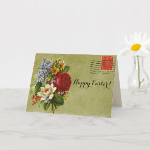Vintage Flower Bouquet Grönt Mail med Red Frimärke Kort