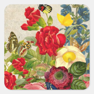 Vintage Flower Bouquet med Butterflies Fyrkantigt Klistermärke