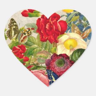 Vintage Flower Bouquet med Butterflies Hjärtformat Klistermärke