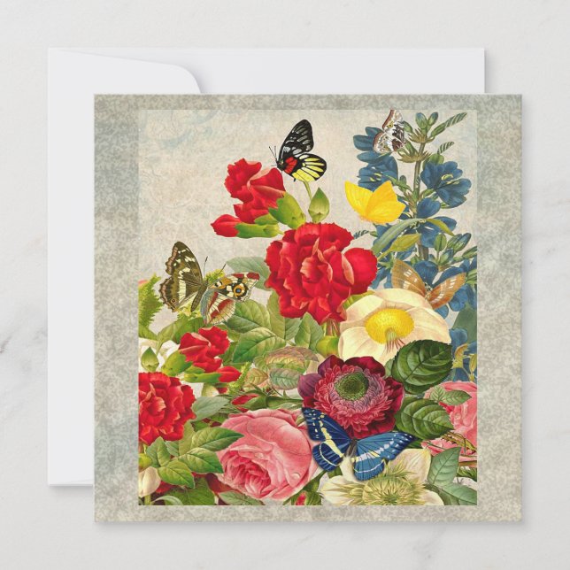 Vintage Flower Bouquet med Butterflies Inbjudningar (Framsida)