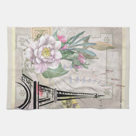 Vintage Flower Collage & Eiffel Torn Illustration Kökshandduk