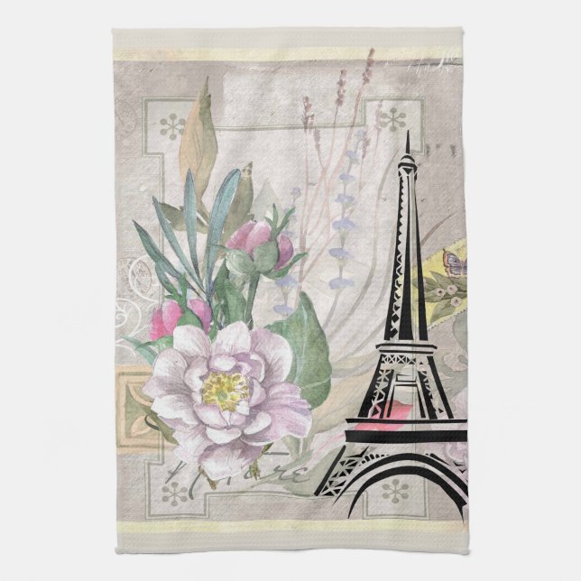 Vintage Flower Collage & Eiffel Torn Illustration Kökshandduk (Vertikal)