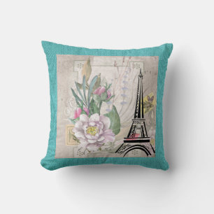 Vintage Flower Collage & Eiffel Torn Illustration Kudde