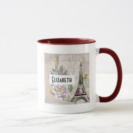 Vintage Flower Collage & Eiffel Torn Illustration Mugg