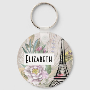 Vintage Flower Collage & Eiffel Torn Illustration Nyckelring