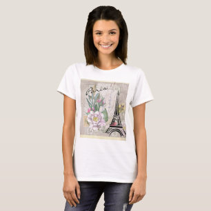 Vintage Flower Collage och Eiffel Torn Teckning T Shirt