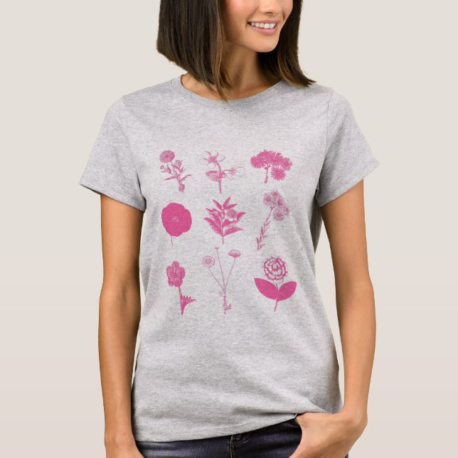 Vintage Flower Illustration Collage in Rosa T Shirt (Framsida)