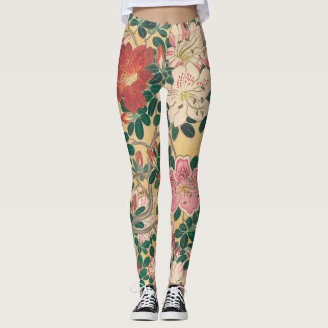 Vintage Flowers Azalea japanska målning Leggings (Framsida)