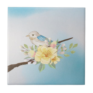 Vintage Flowers & Birds Light Blue Ceramic Tile Kakelplatta
