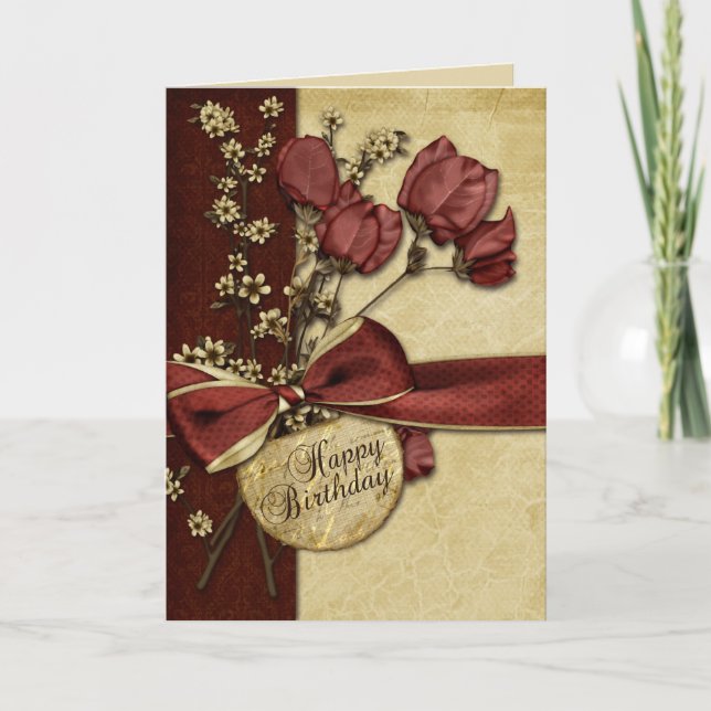 Vintage Flowers Birthday Kort (Framsida)