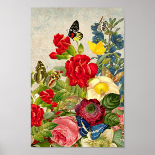 Vintage Flowers/Butterflies Illustration Poster