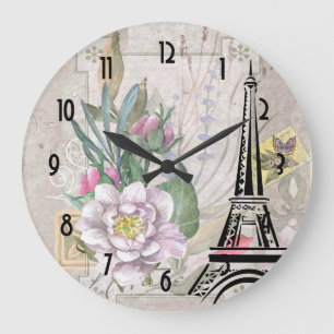 Vintage Flowers Collage och Eiffel Torn Illustrat Stor Klocka
