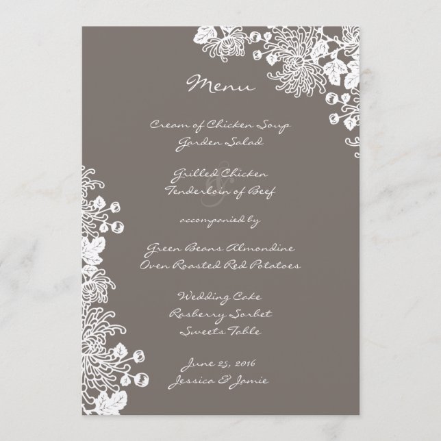 Vintage Flowers Driftwood Grått Bröllop Menu Meny (Framsida)