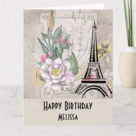 Vintage Flowers, Eiffel Torn och Burlap Birthday Kort