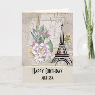 Vintage Flowers, Eiffel Torn och Burlap Birthday Kort