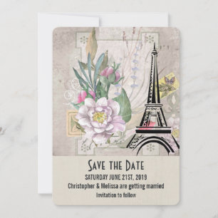 Vintage Flowers, Eiffel Torn och Burlap Bröllop Spara Datumet
