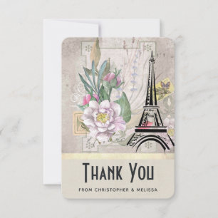 Vintage Flowers, Eiffel Torn och Burlap Bröllop Tack Kort