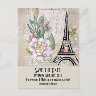 Vintage Flowers, Eiffel Torn Spara datum Vykort