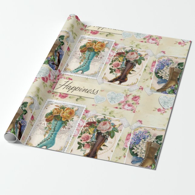 Vintage Flowers in Boots Presentpapper (Utrullad)