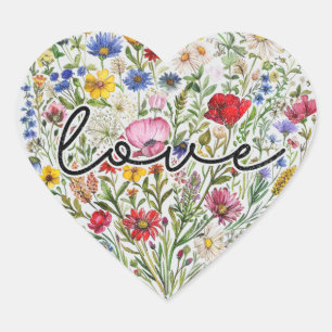 Vintage Flowers Kärlek Heart Blommigt Wildblommor Hjärtformat Klistermärke
