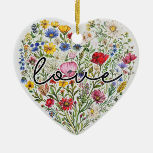 Vintage Flowers Kärlek Heart Blommigt Wildblommor Julgransprydnad Keramik