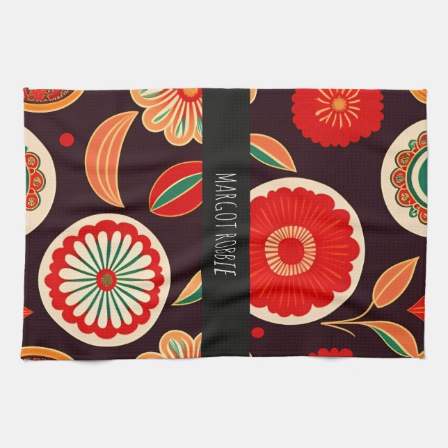 Vintage Flowers Mörk Red Blommönster Kökshandduk (Horisontell)