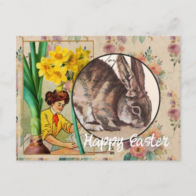 Vintage Flowers och Bunny Collage Påsk vykort (Framsida)