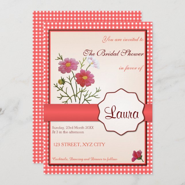 Vintage Flowers på Gingham Möhippa Inbjudningar (Fram/baksida)