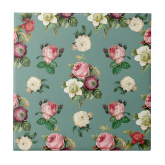 Vintage Flowers på stenblått, Retro-Blommigt Skriv Kakelplatta