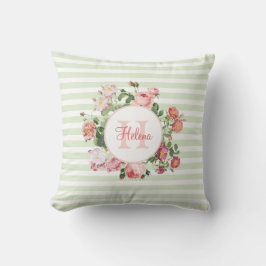 Vintage Flowers Pastel Grönt Rand Monogram Kudde