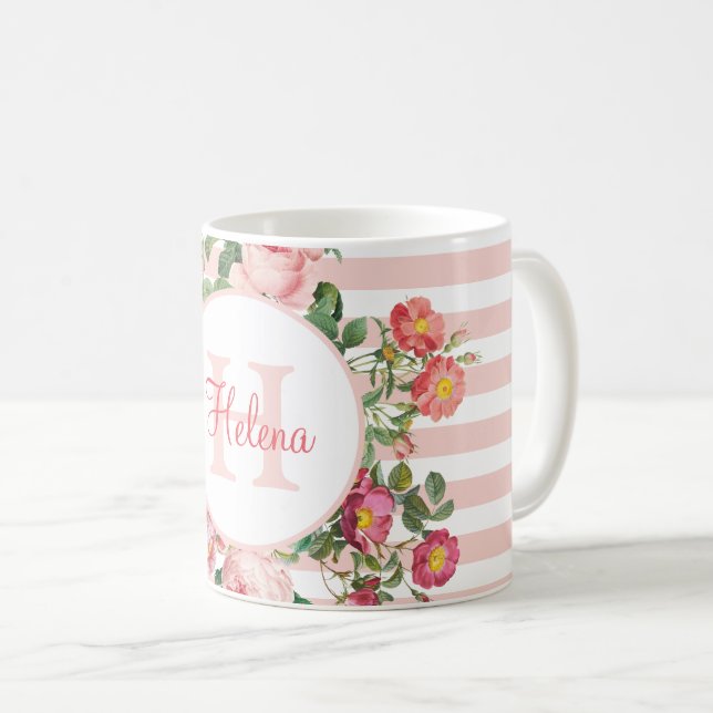 Vintage Flowers Rosa Rand Monogram Kaffemugg (Framsida höger)