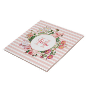 Vintage Flowers Rosa Rand Monogram Kakelplatta