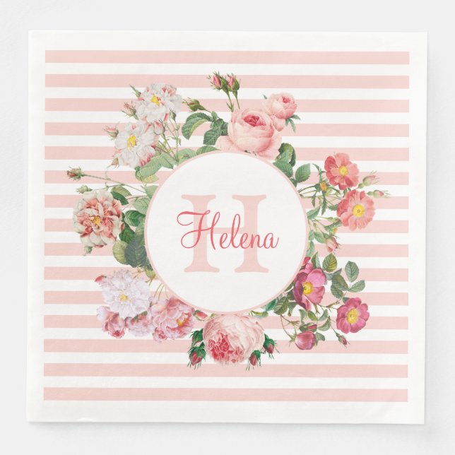 Vintage Flowers Rosa Rand Monogram Pappersservett (Framsida)