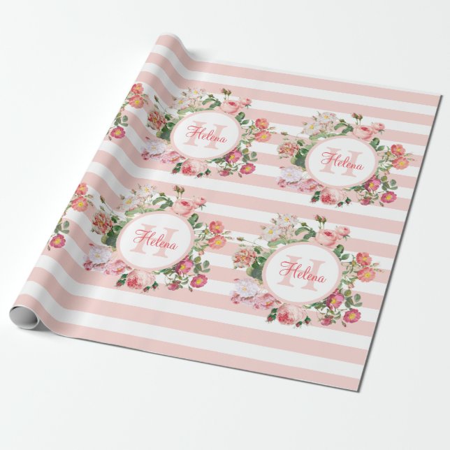 Vintage Flowers Rosa Rand Monogram Presentpapper (Utrullad)