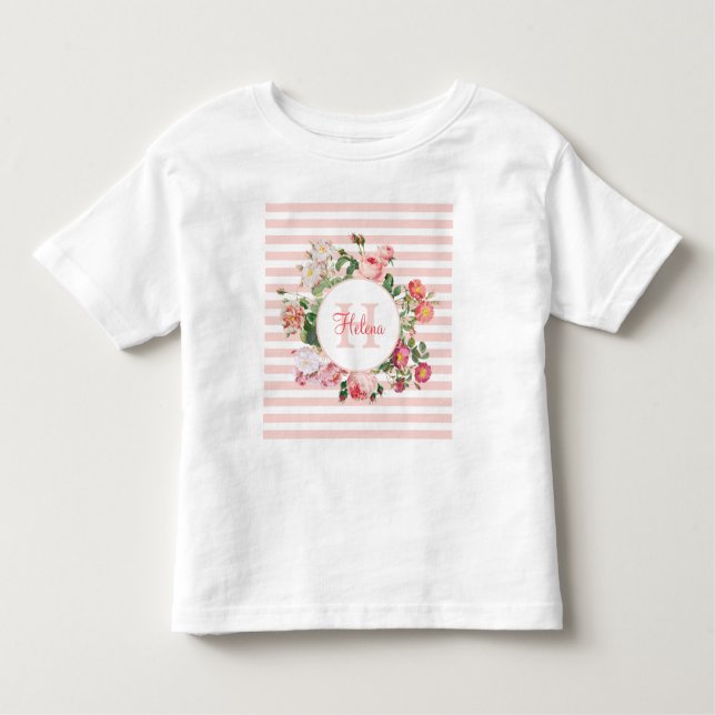 Vintage Flowers Rosa Rand Monogram T Shirt (Framsida)