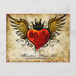 Vintage Flowers & Winged Heart Tattoo-vykort Vykort