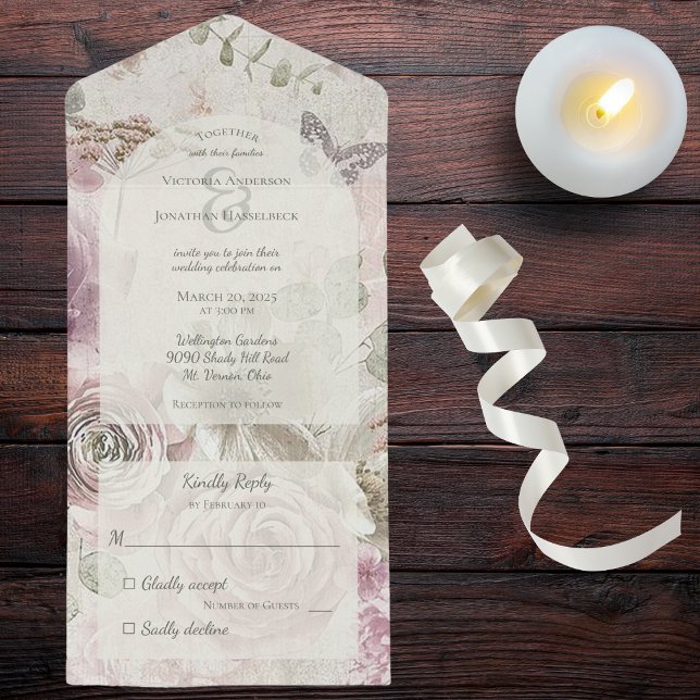 Vintage Flowers with Butterfly (Also available with QR code or dinner options. )