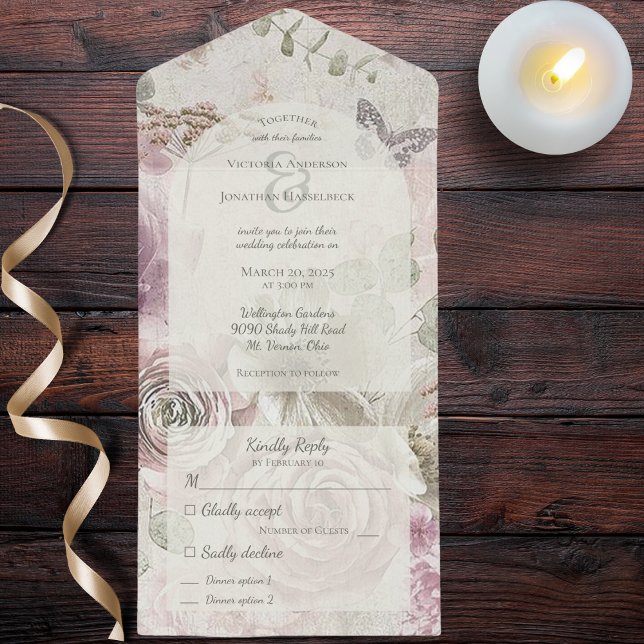Vintage Flowers with Butterfly (Also available without dinner options or with QR code. )