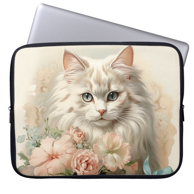 VINTAGE FLUFFY WHITTE CAT MED FLÖDEN LAPTOP FODRAL (Framsidan)