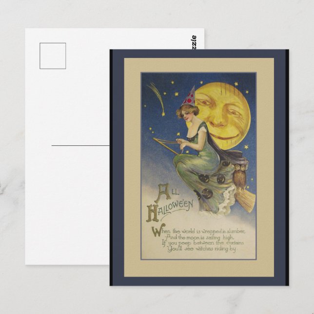 Vintage flygande häxa Halloween vykort (Fram/baksida)