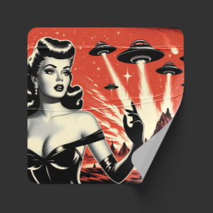 Vintage flygande tefat pinuppsida fyrkantigt klistermärke