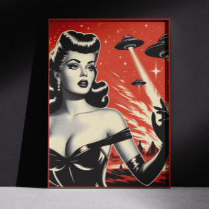 Vintage flygande tefat pinuppsida poster