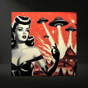 Vintage flygande tefat pinuppslag kakelplatta