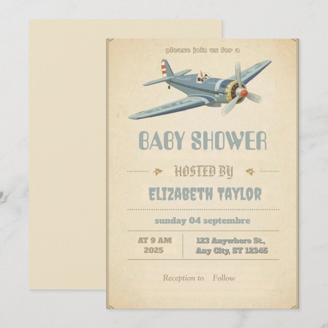 Vintage Flygplan baby shower Inbjudan (Fram/baksida)
