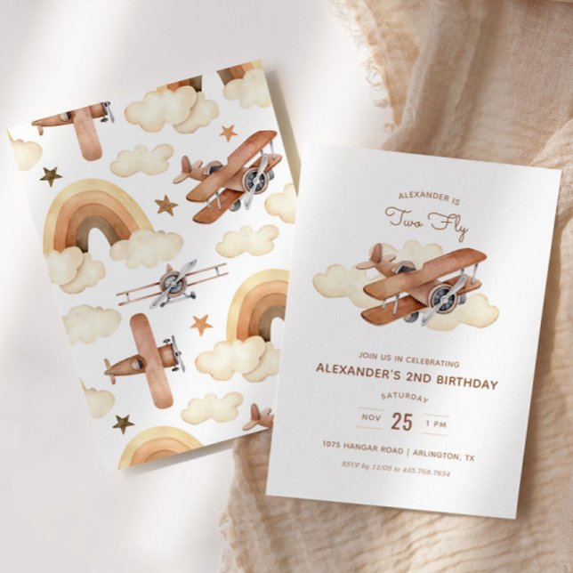 Vintage Flygplan Biplan 2 Flygfödelsedag Inbjudningar (Skapare uppladdad)