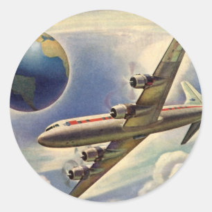 Vintage flygplan flyger runt världen i moln klistermärke