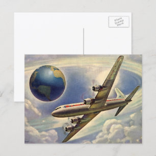Vintage flygplan flyger runt världen i moln vykort